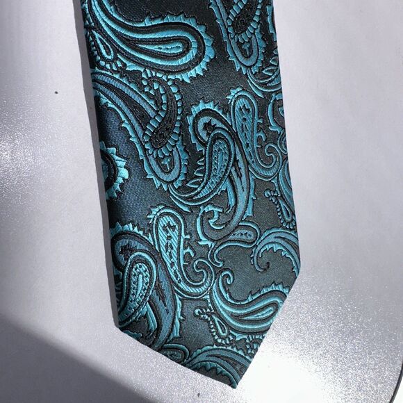 New DiBanGu Tie (58L 3W) Silk Necktie. Black Teal Men’s Paisley Print - Picture 7 of 7